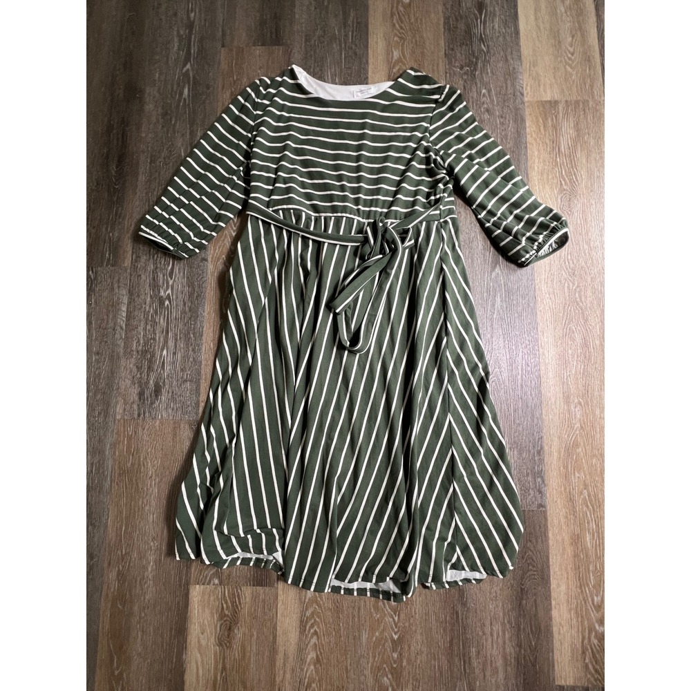 Chic Soul Striped Midi Dress Womens 1X Olive‎ Green Tie Waist 3/4 Sleeve